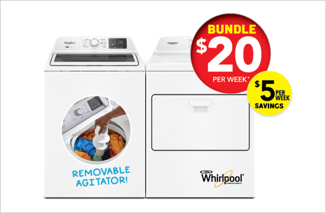 Whirlpool top-load washer and dryer set with removable agitator, bundle $20 per week