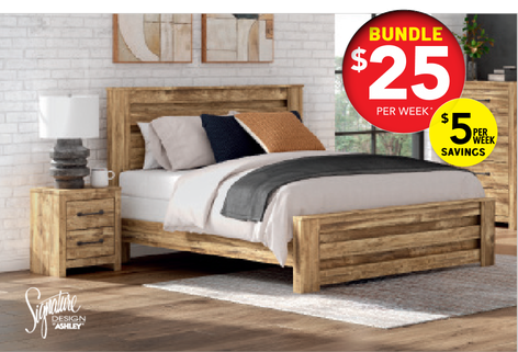 Ashley queen bed, night stand, chest and mattress, bundle $25 per week