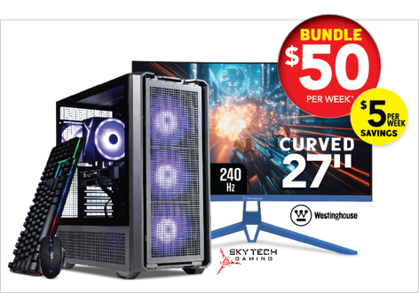 Skytech gaming PC with a Westinghouse curved 27 inch 240Hz monitor, bundle $50 per week
